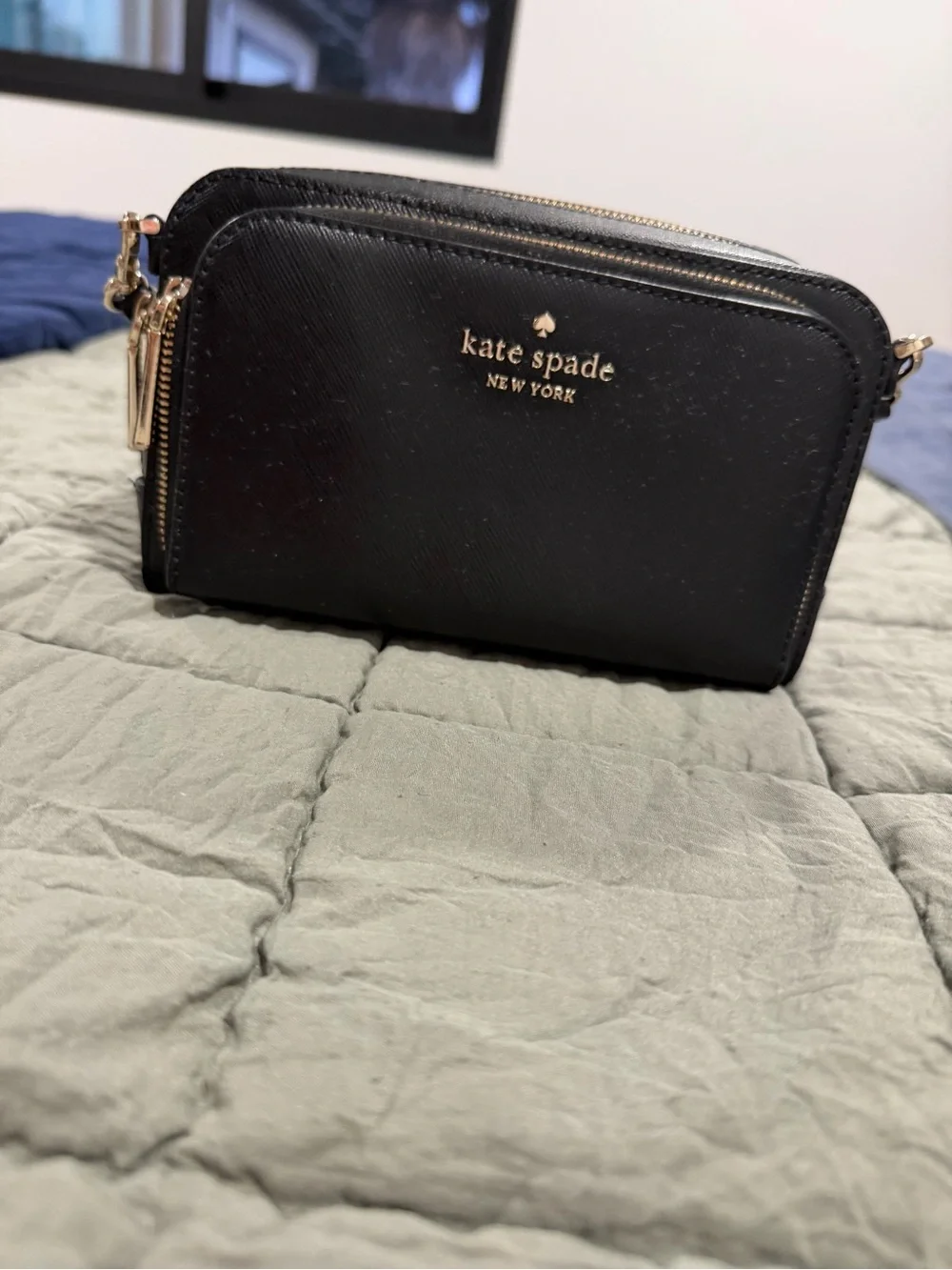 kate spade black leather double-zip crossbody with gold hardware